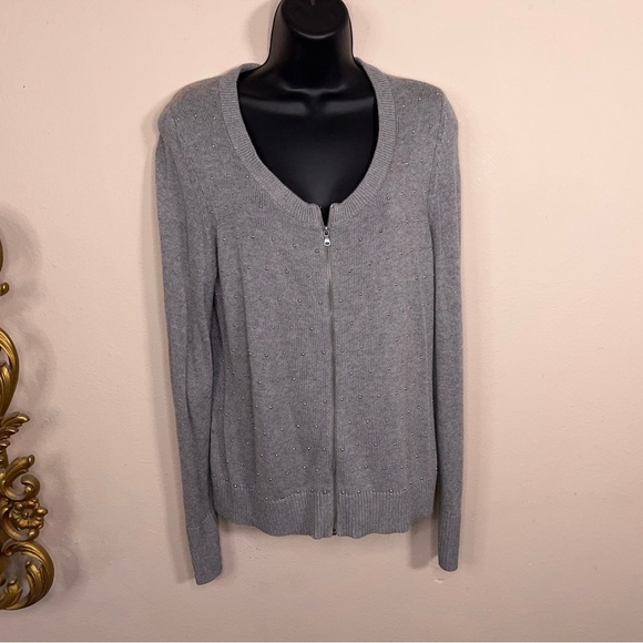 Petite Large Talbots Grey Silver Studded Cardigan Sweater Knit Zip Front Closure - Picture 5 of 13